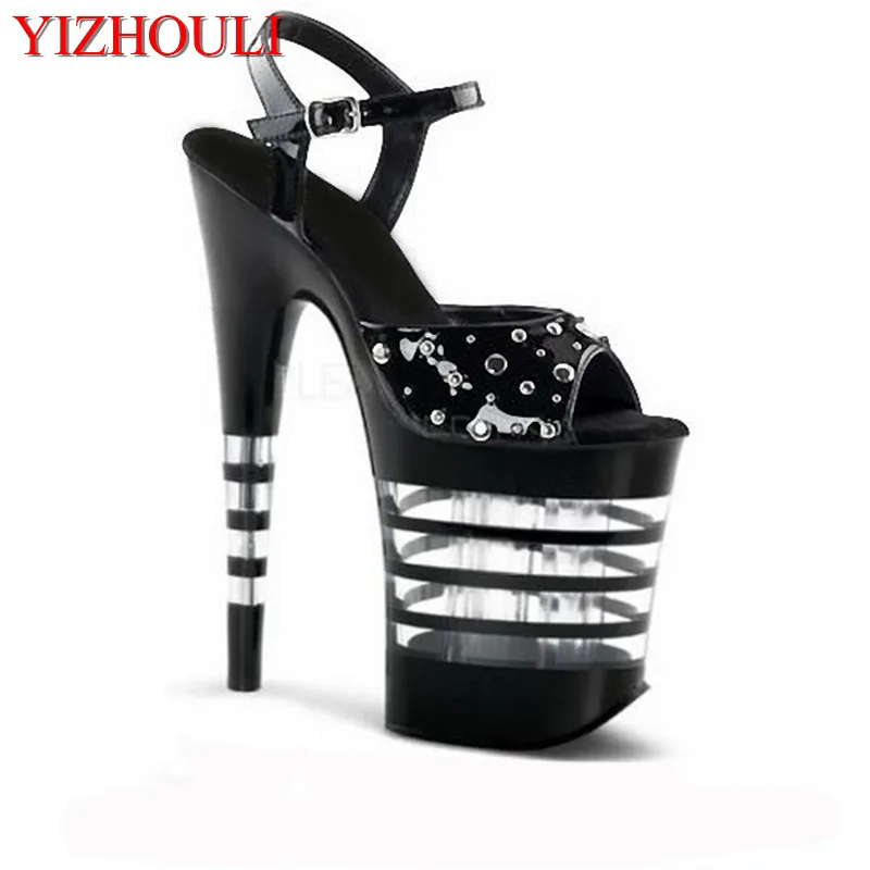 

20cm fashion rivets super star dress shoes 8 inch high heel shoes summer sandals 8 inch punk Stripe Crystal shoes