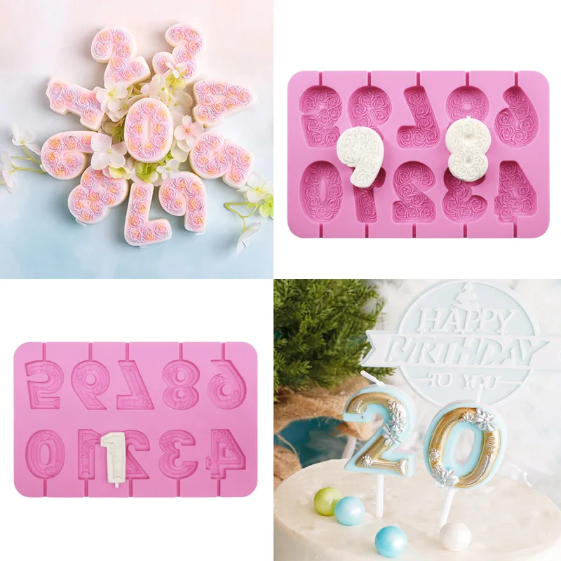 Number Candle Silicone Mould Birthday Cake Carving Rose Flower Number 0~9 Fondant Chocolate Mold Cake Decoration