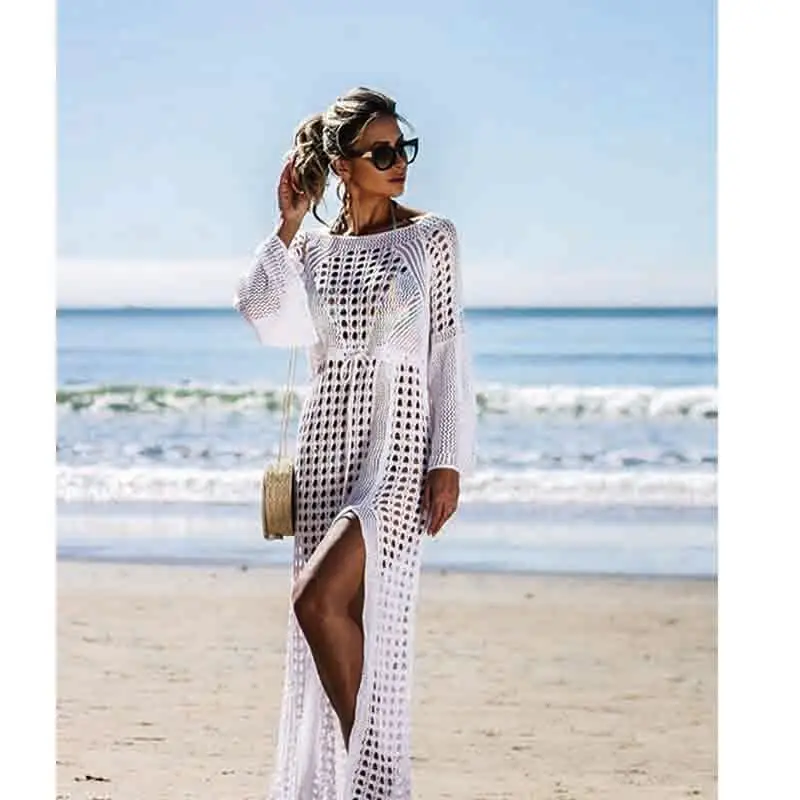 2021 Knitted Beach Dress Beach Cover up Crochet Tunic Beach Pareo Beach Praia Cover Salida de Playa Beachwear Cover up