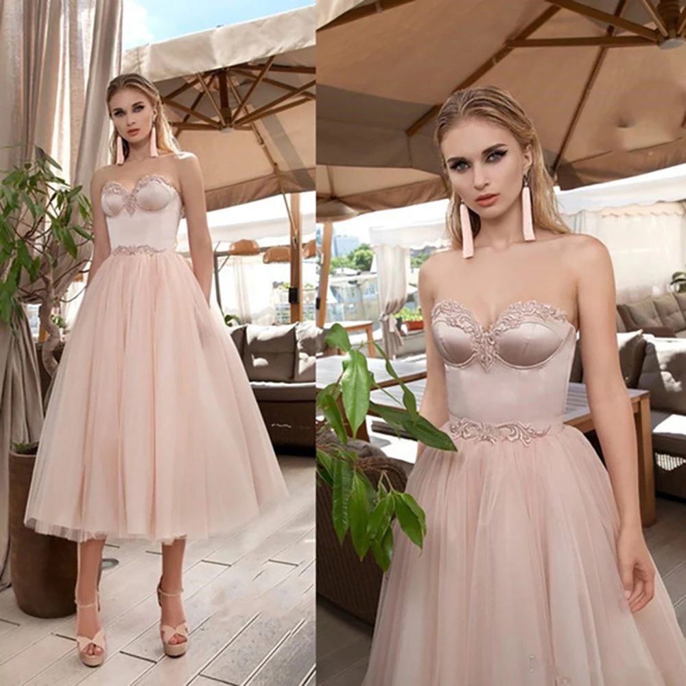 

Sweety Pink A-Line Prom Dresses Sweetheart Appliqued Tulle Short Evening Gowns Tea-length Formal Elegant Evening Dress for Party