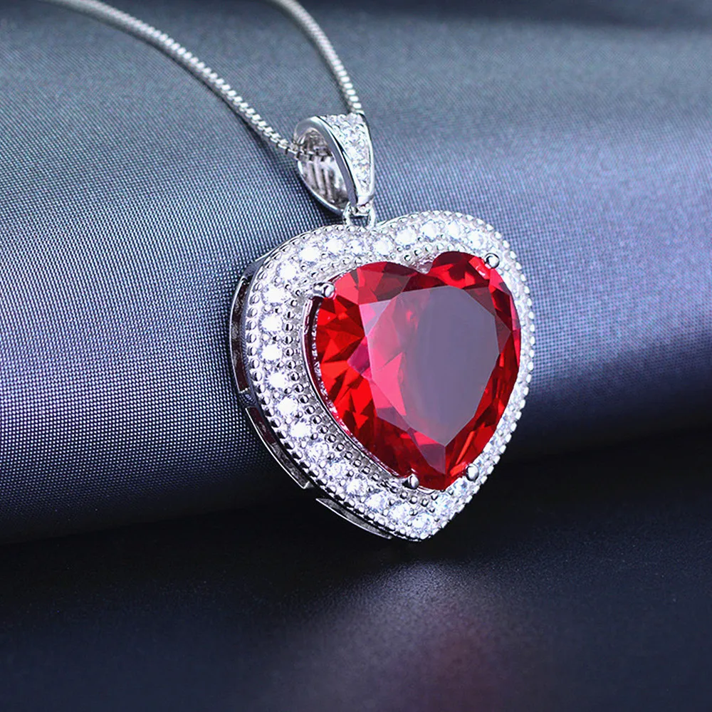 Classical love heart red crystal ruby gemstones diamonds pendant necklaces for women white gold silver color jewelry bijoux gift
