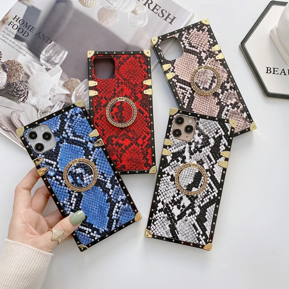 Snake skin pattern for iPhone 15 15Promax 14Pro 13Promax 13Pro 12 12Promax 11 16 16Pro square soft back cover with ring Bracket