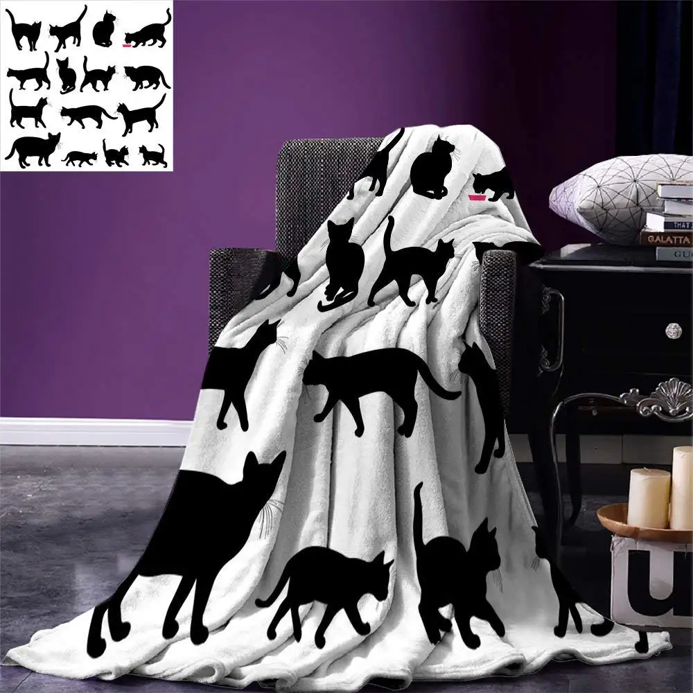 Cat Throw Blanket Black Cat Silhouettes in Different Poses Domestic Pets Kitty Paws Tail and Whiskers Warm Microfiber