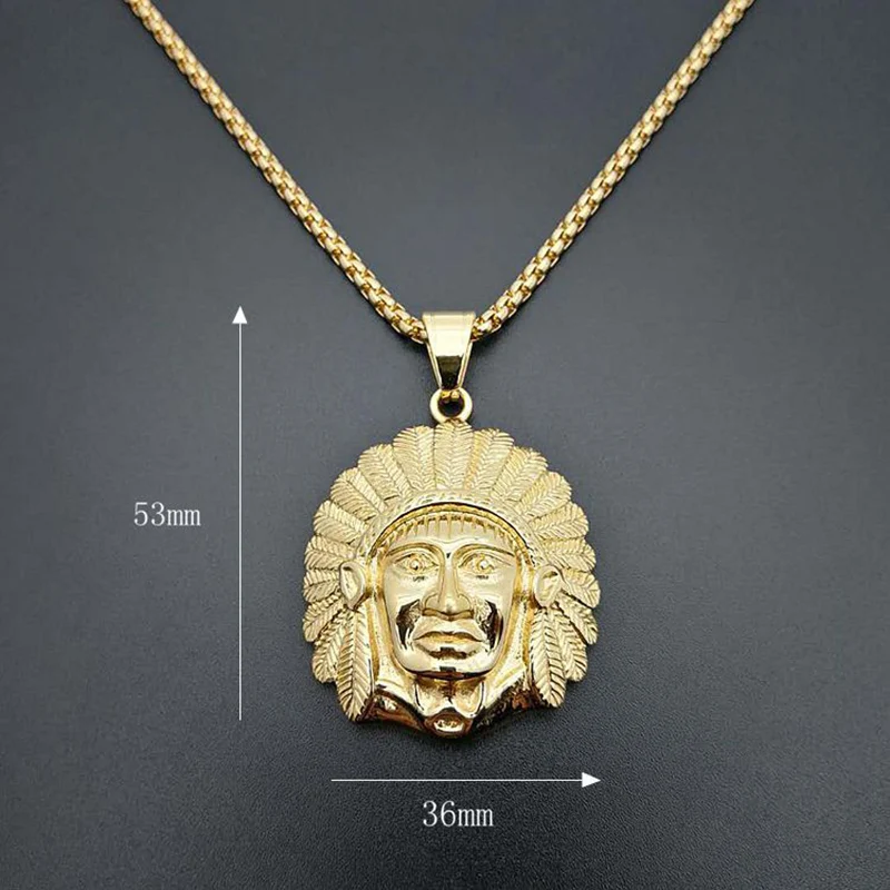 Hip Hop Gold Color Stainless Steel Indian Chief Pendants Necklaces for Men Rock Jewelry Drop Shipping
