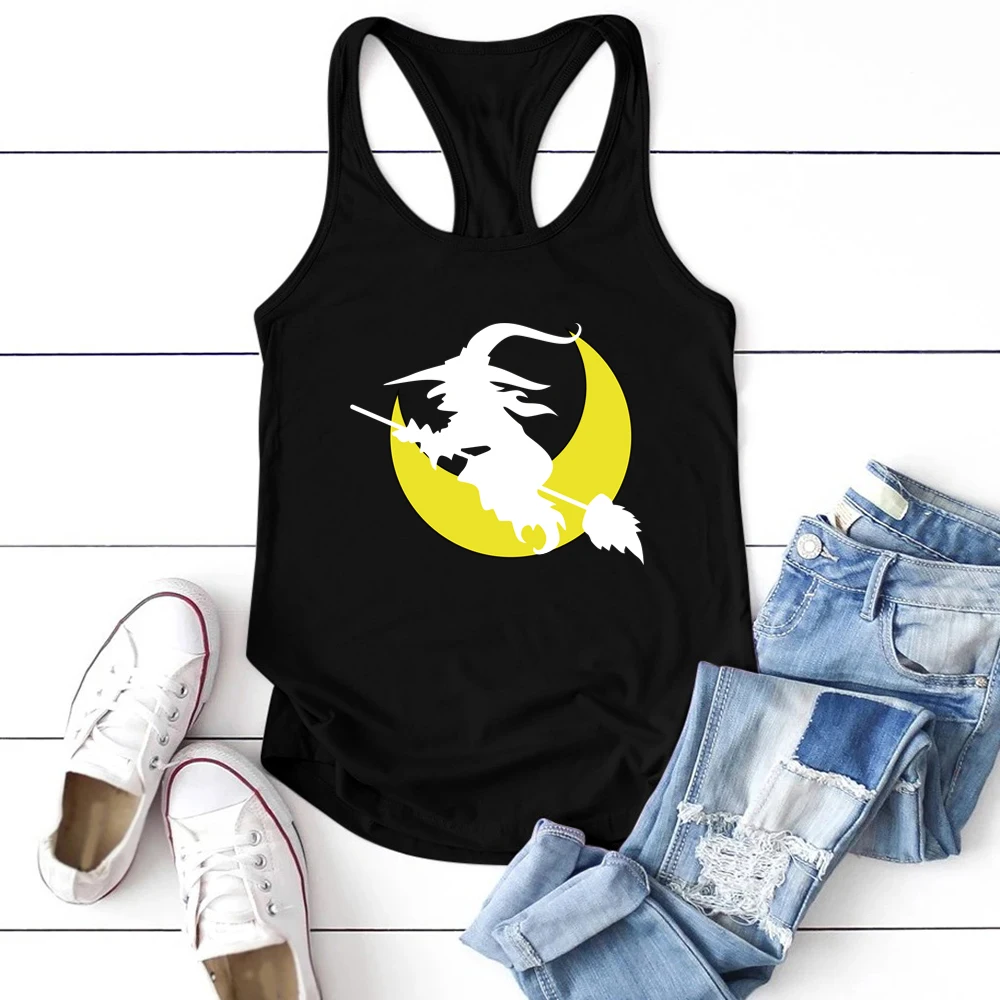 Women Sleeveless Summer Vest Femme Graphic Tank Tops for Girls Casual Plus Size Fashion Halloween Witch Moon Print Tank Top