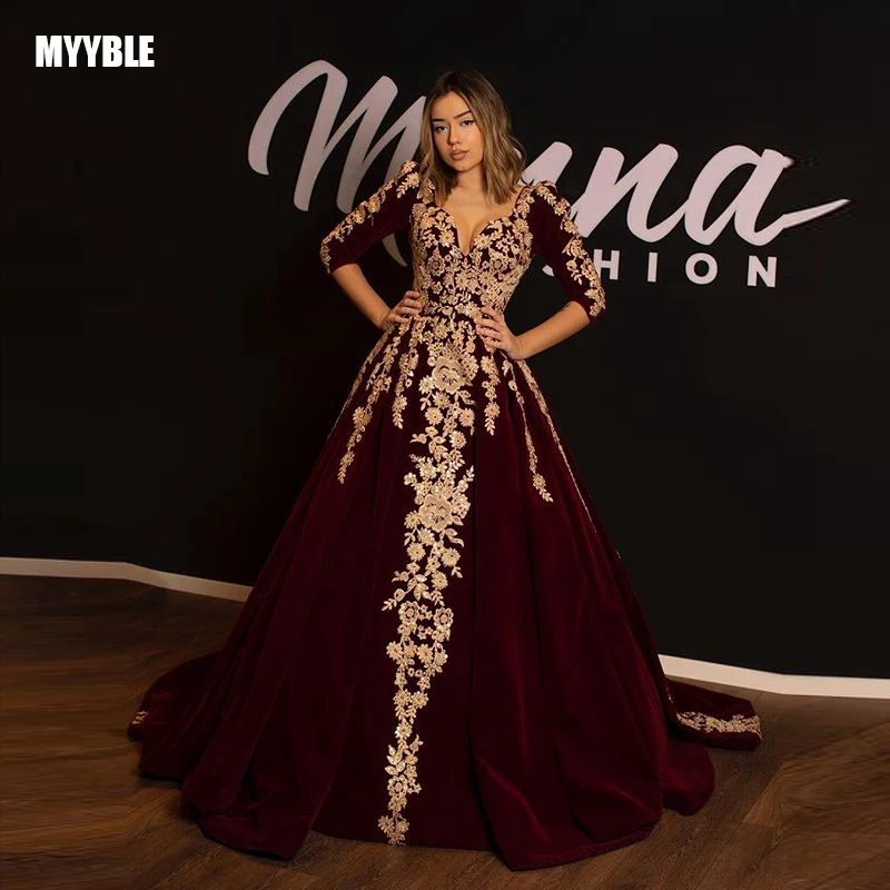 Burgundy Velvet Muslim 3/4 Long Sleeve Arabic Evening Dress Dubai Kaftan Gold Lace Applique Ball Gown Turkey Prom Formal Dresses