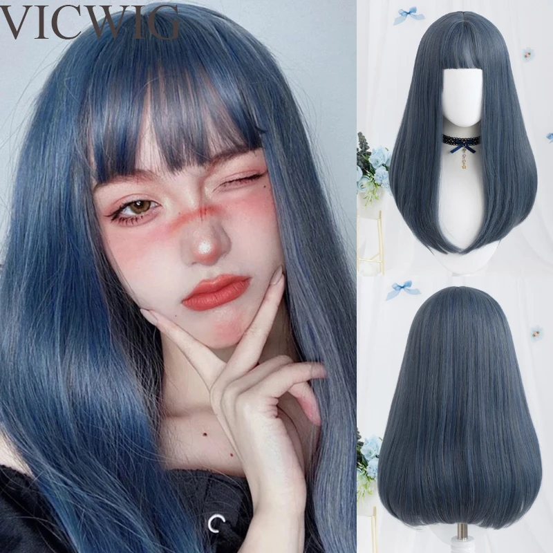 VICWIG frauen Lange Gerade Synthetische Haar Mixed Blau Grau Schwarz Braun Rosa Grün Cosplay Perücke mit Pony