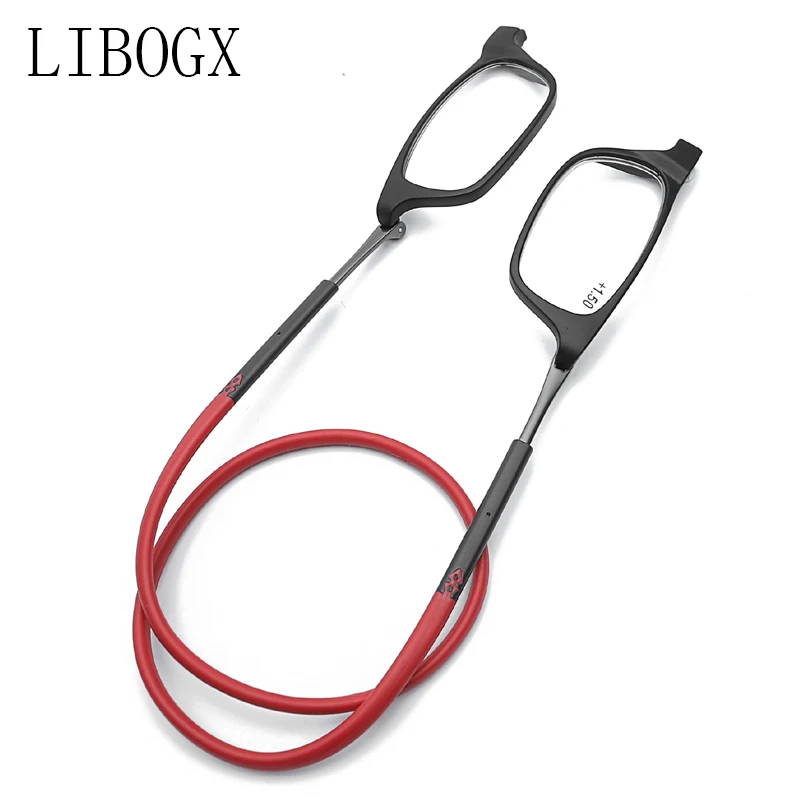 Gafas de lectura magnéticas portátiles que se pueden colgar alrededor del cuello con cordón ajustable para hombres y mujeres.