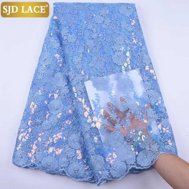 SJD LACE Latest African Mesh Lace Fabric Embroiderey Sequins Beads French Tulle Laces Fabric For Nigeria Wedding Party Dress Sew