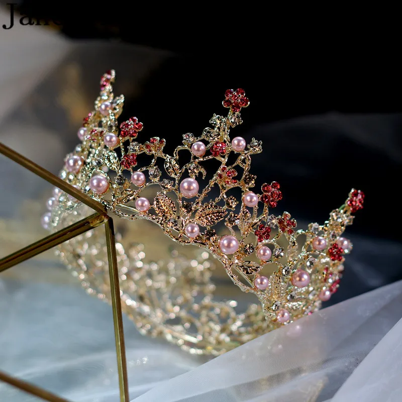 JaneVini Luxurious Gold Princess Crown Pink Pearls Red Crystals Bridal Hair Accessories Kids Crown Wedding Birthday Headpieces