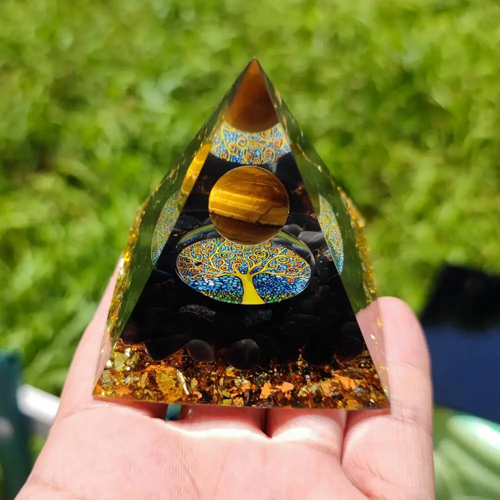 Handmade 60mm Orgone Pyramid Tiger Eye Crystal Sphere Obsidian Quartz Reiki Healing Chakra Meditation Orgonite Ornaments