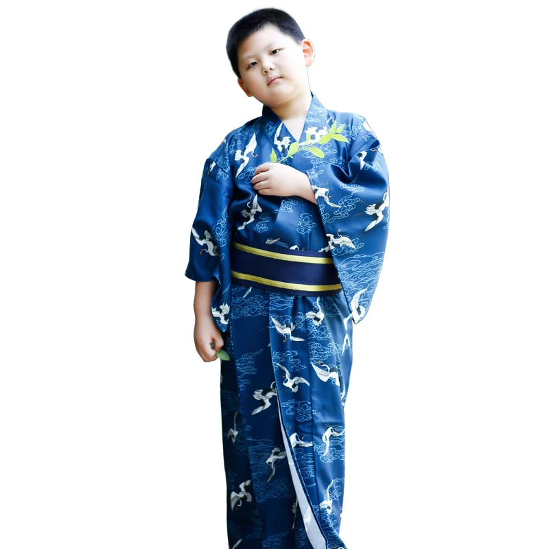 Japanese Kimono with Obi Belt for Kids Boys Crane Thick Autumn Winter Anti-wrinkle Fabric Kimonos Long Robe Vintage Clothing