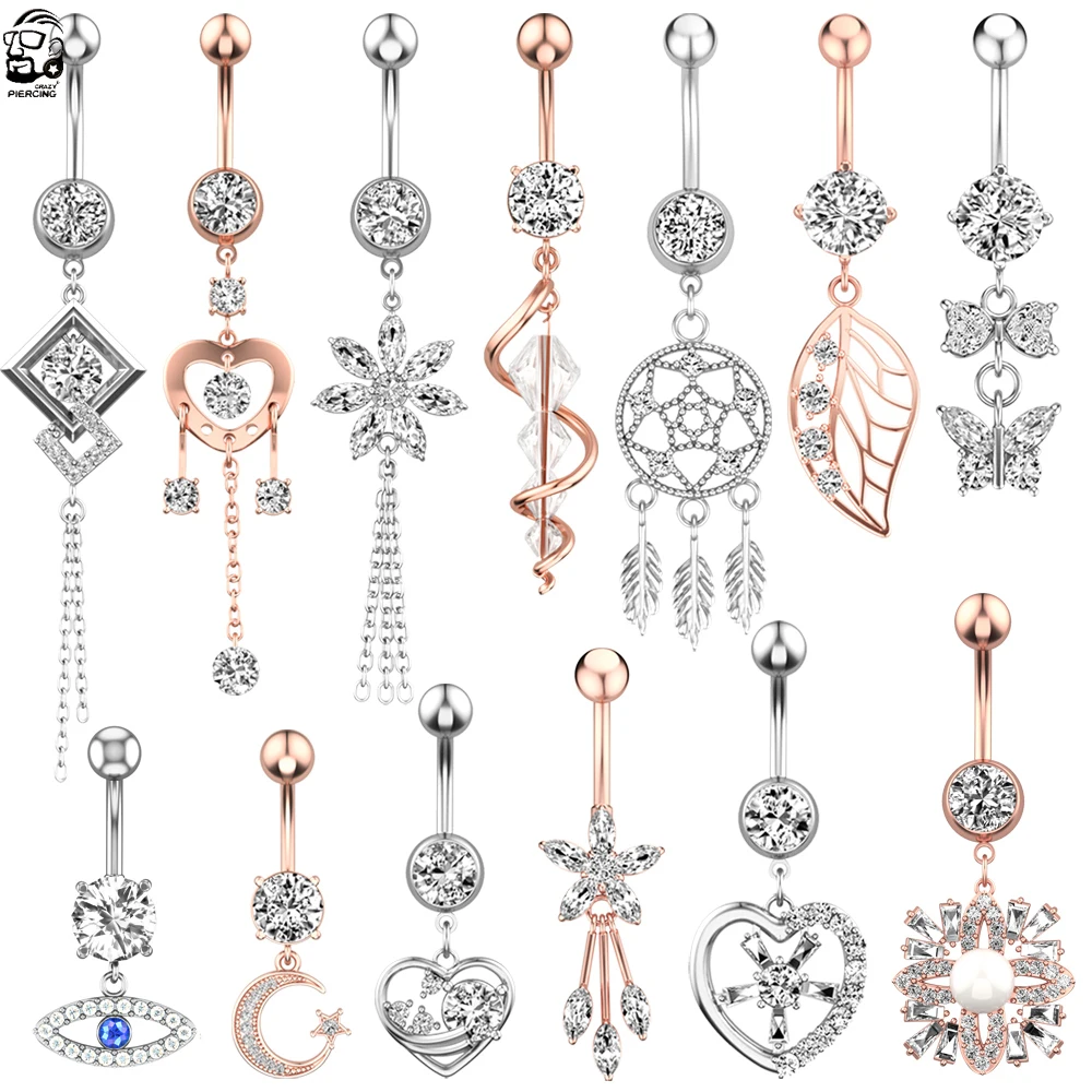 13pcs/Lot Zircon Belly Button Rings Belly Piercings Set Stainless Steel Butterfly Heart Navel Piercing Dangle Body Jewelry Oreja