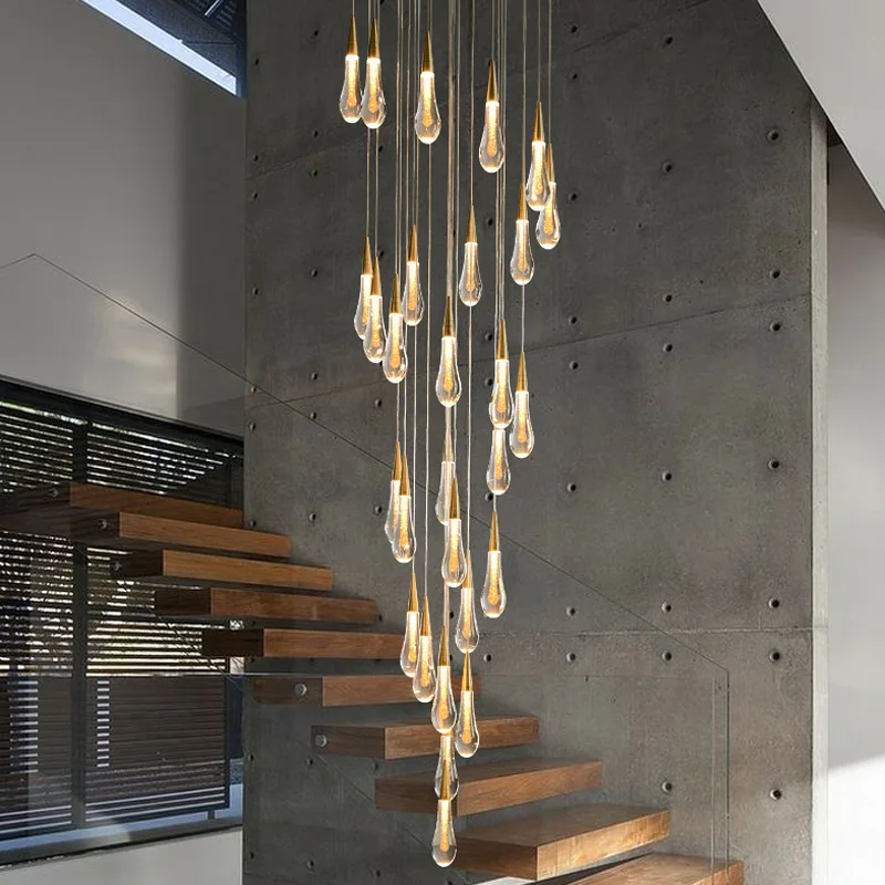 

Modern crystal light chandelier for staircase large gold drop design led cristal lamp long villa lobby hanging lighting fixture