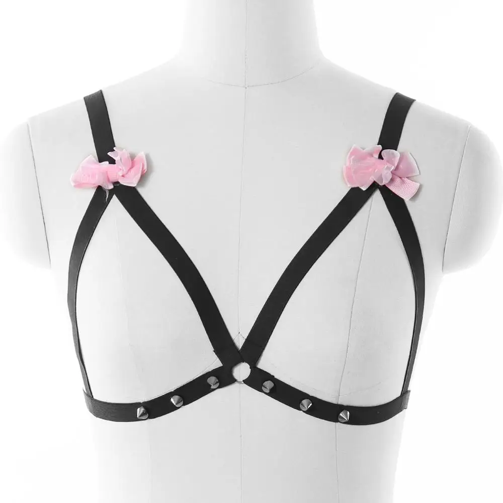 

Pink Bow Rivet Harness Lingerie Wedding Bride Garter Body Harness Open Chest Cage Bra Pastel Goth Top Bondage Belt