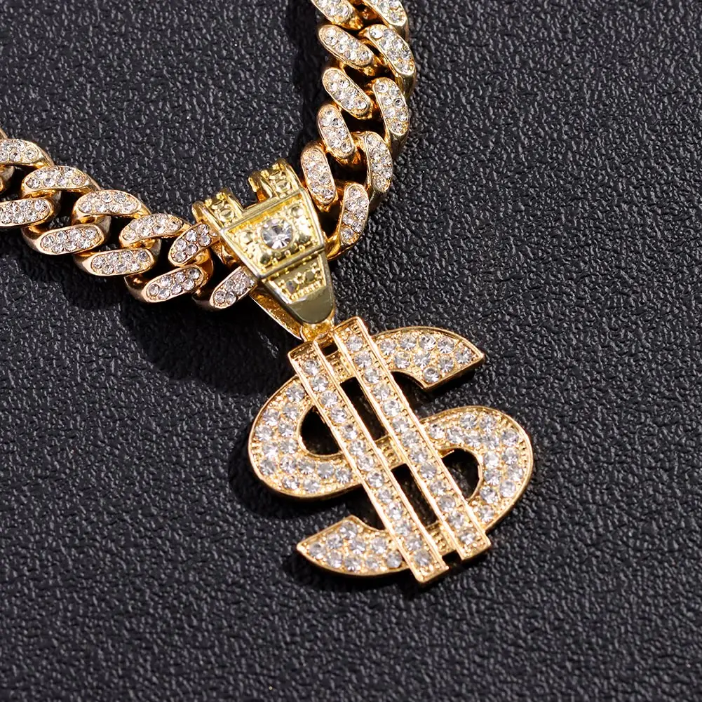 Bling Strass Dollar Anhänger Halskette Für Männer Silber Farbe Iced out 13mm Kubanischen Kette Choker Halsketten Hiphop Rap Rock schmuck – Detail 5