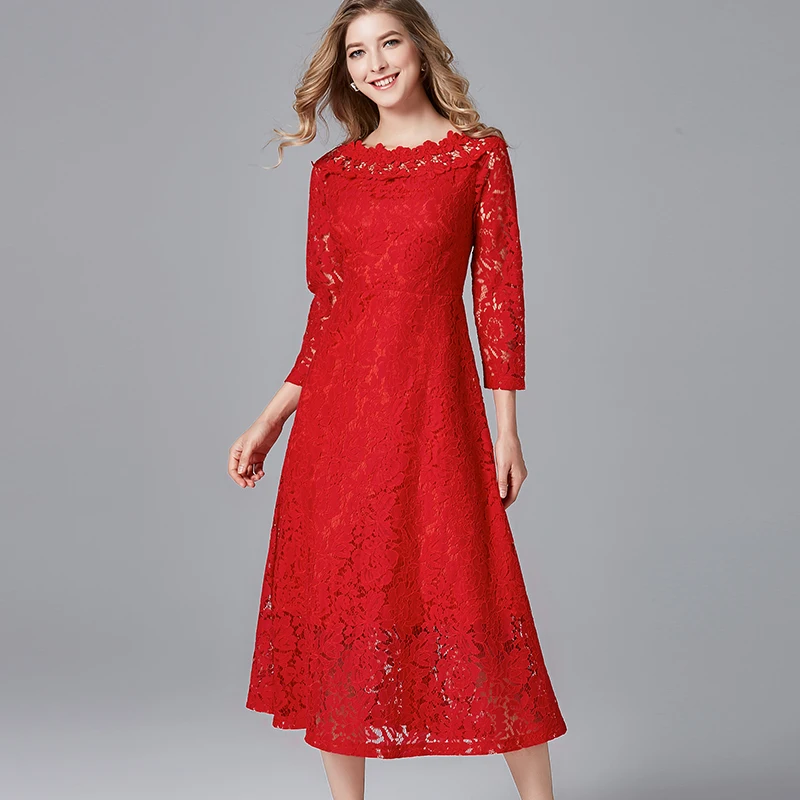 

Fat mm one line collar dress European and American fashion super xiansen red lace dress with fat and large size