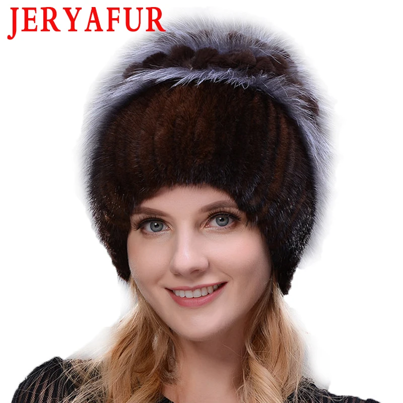 

JERYAFUR New Style Rabbit Fur Hat Knitted Wool Fashion Mink And Fox Fur Hat Winter Women's Trip Ski Hat Protects Ears