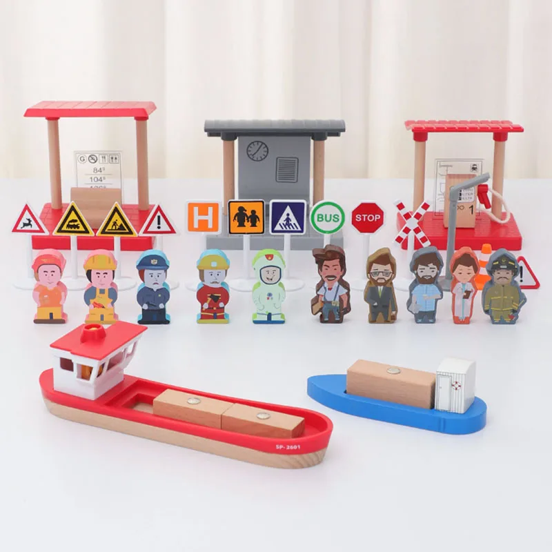 Wooden Railway Train Track Accessories Tree Wooden Track Combination Scene with All Kinds Road Educational Toy Building Blocks