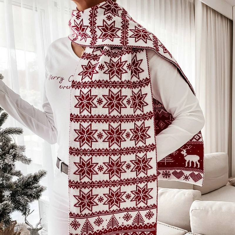 

QINJOYER 2021 Women Long Shawl Winter Christmas Knitted Soft Warm Christmas Elk Gift Scarf Women or Men Snowflakes Print Shawl