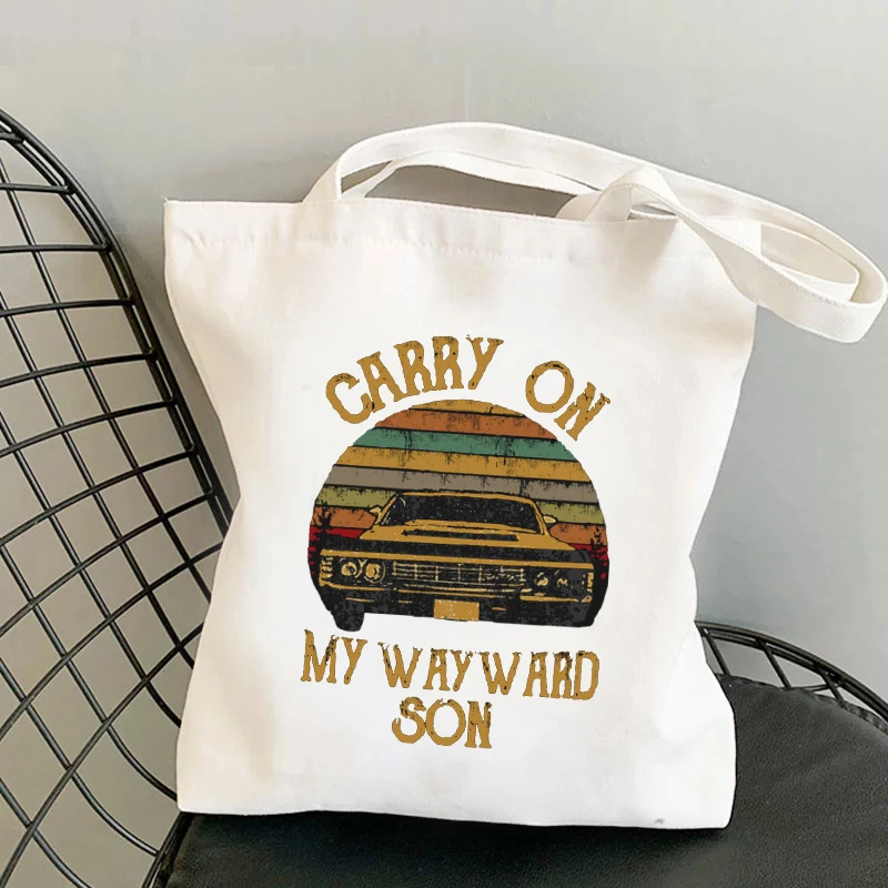 Supernatural Vintage Tote Bag Carry on My Wayward Son Dark Heather Print Reusable Shopping Bag Women  Large Folding Tote Eco Bag