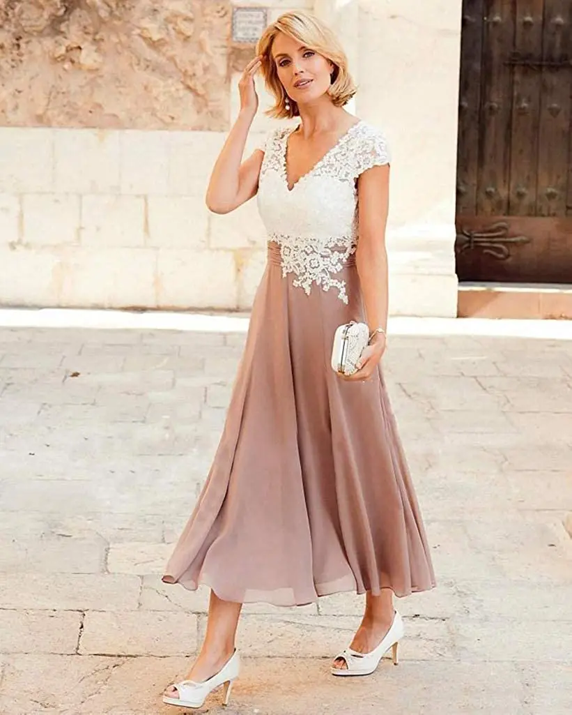 2022 Lace Chiffon  Mother of The Bride Dress Tea Length Formal Women Gowns with Cap Sleeves vestidos de fiesta para bodas فساتين