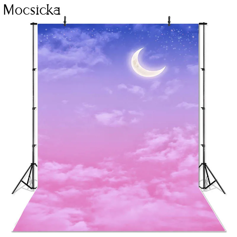 Mocsicka Children Portrait Photography Background Night Sky Moon White Clouds Decoration Props Portrait Photo Backdrop Banner