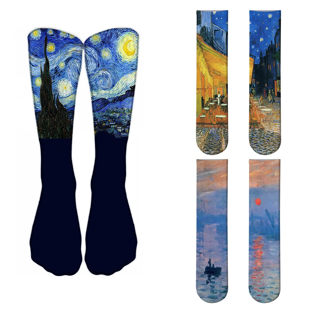 Światowej sławy obraz olejny skarpetki dla Unisex gwiaździstej nocy Monet Mona Lisa Art skarpety Retro osobowość wygodne Sokken dla kobiet