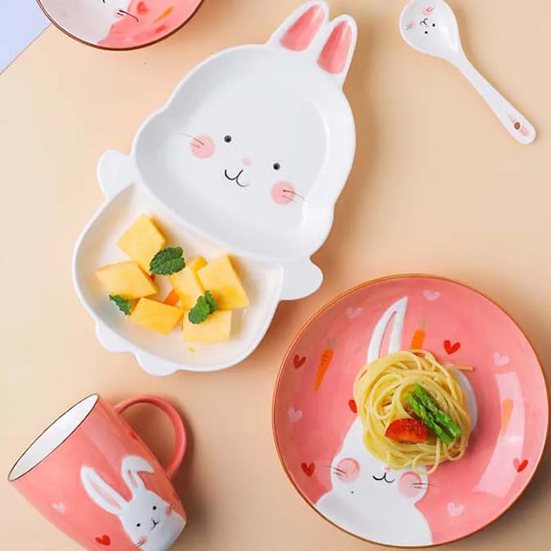 

посуда Children's Bowl Ceramic Cute Animal Cartoon Rice Bowls Big Children Breakfast Divided Plate Tableware Set тарелки для еды