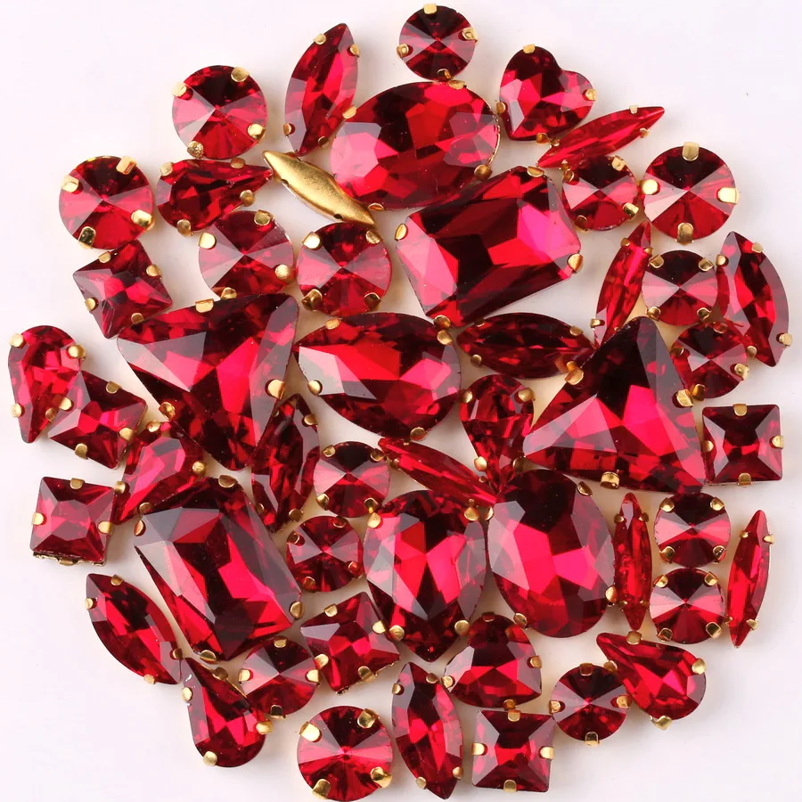 Goldene Krappenfassung 50 Stk./Beutel Gemischte Formen Dunkelrote Glaskristalle zum Aufnähen Strass für Hochzeitskleider, Schuhe, Taschen, DIY-Verzierung – Detail 3