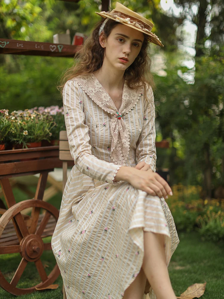 Women Dress Spring Autumn Flower Embroidery Lace Bow Collar Shirt Dress Vintage Elegant Slim Striped Korean Fashion Long Dress