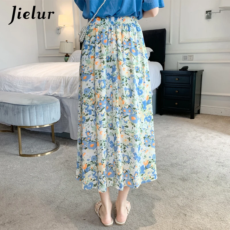 Jielur 2021 Fashion Floral Chiffon Rock Weibliche Lose A-linie Hohe Taille frauen Röcke Romantische Ölgemälde Druck Dame Faldas