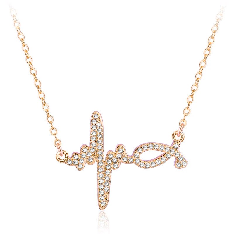 Juya Fahsion Choker Necklace Supplies Micro Pave Zircon Heart Heartbeat/ Electrocardiogram Pendant Necklace For Women Girls