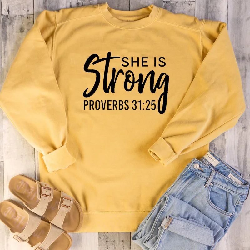 She is Strong Sweatshirt Casual Funny Long Sleeve Crewneck Christan Religious Fashion Clothing Cotton Pullover Jesus Outfits