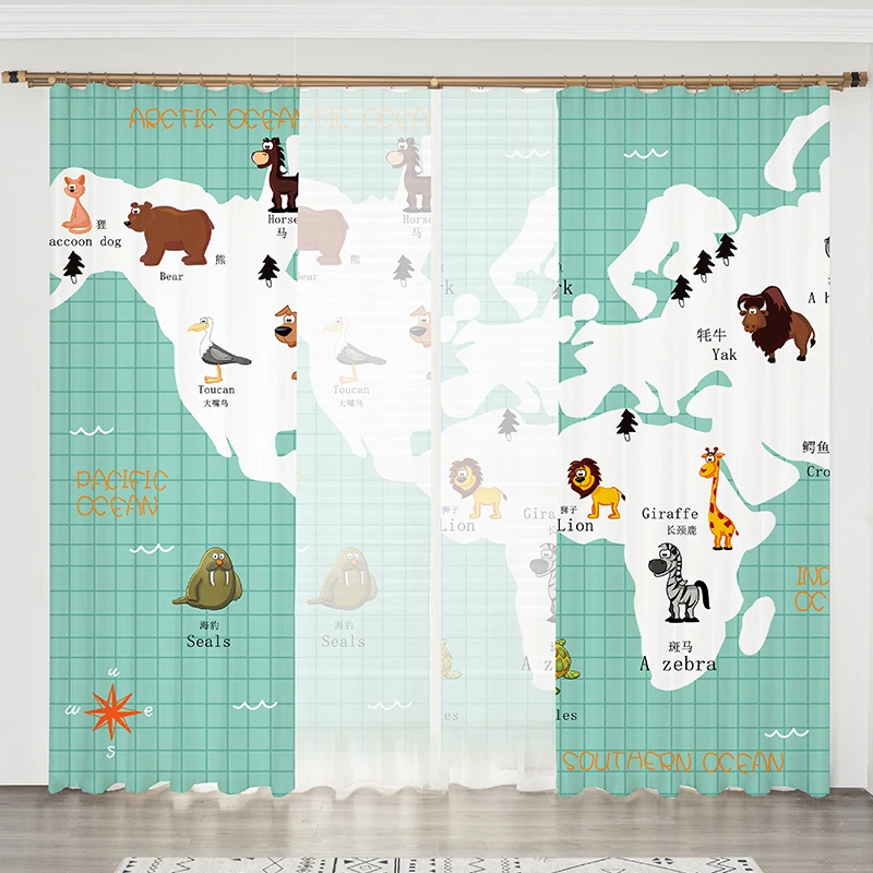 HD Digital Printing World  Map Blackout Curtains  for Living Room Decor Kids Bedroom School Classroom Kitchen Window Curtains