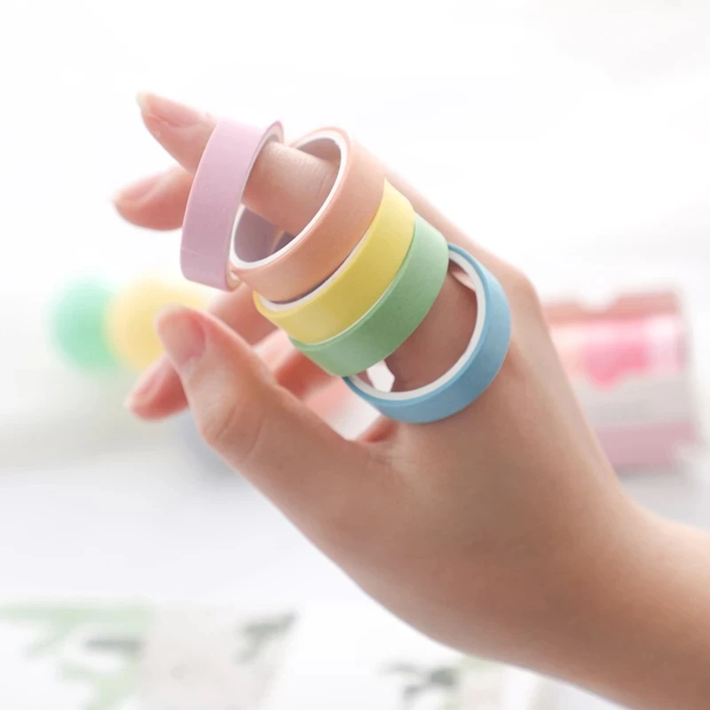 5Rolls/Set KawaiI Geometry Solid Color Washi Tape Decorative Masking Cute Scrapbooking Adhesive Office School Stationery Supplie