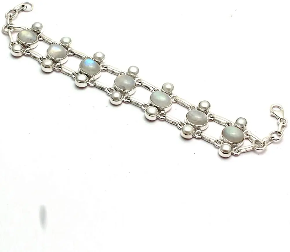 Genuine Rainbow Moonstone Bracelet 925 Sterling Silver, 19 cm, GRP0304