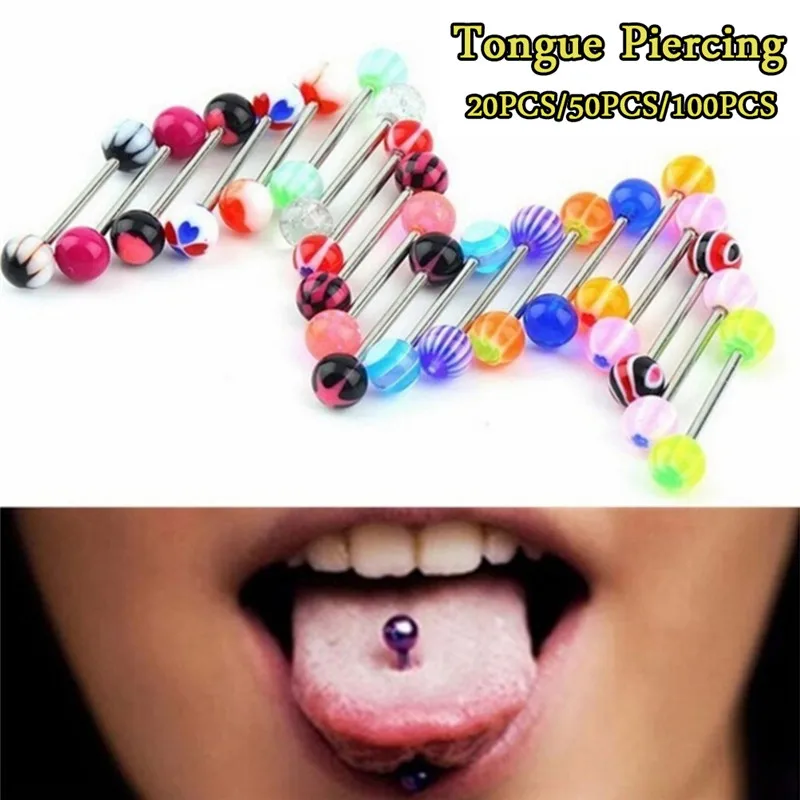 20/50/100pcs/Lot Mixed Colors Fashion Tongue Tounge Rings Bars Barbell Tongue Piercing Body Jewelry  Body Accessories