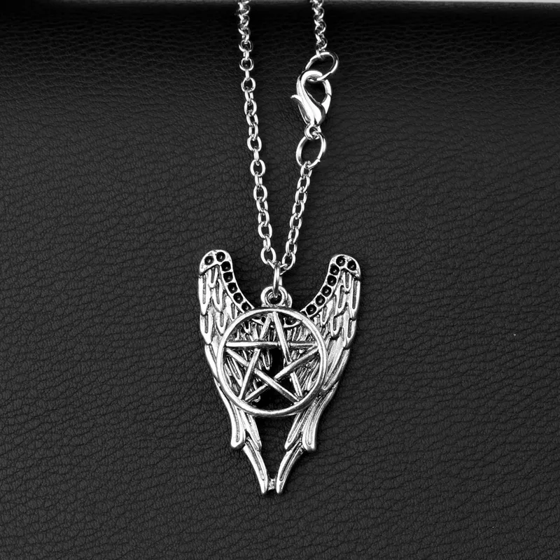 Retro Movie  Supernatural Necklace Pentagram Pentacle Castiel Angel Wings Vintage Antique Silver Color Pendant Amulet Jewelry Me