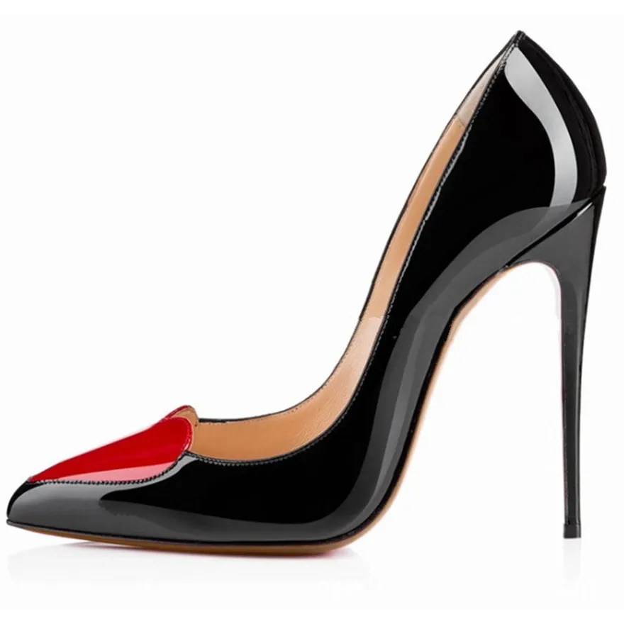 Zapatos de tacón alto en forma de corazón rojo para mujer, calzado de vestir de charol poco profundo, Sexy, negro y blanco, otoño