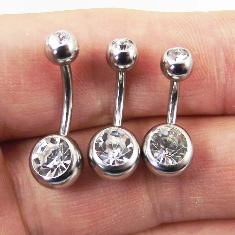 1 Piece 14G Screw Belly Ring Curved Banana Navel Bell Button Ring Clear Double Crystal Ball Body Piercing Jewelry