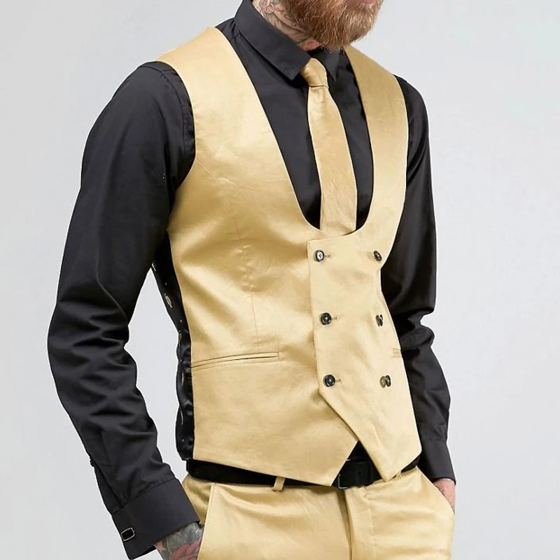 

Gold Slim Fit Men Vest with Double Breasted for Wedding Suit V Neck One Piece Custom Wasitcoat New Arrival Male Fashion