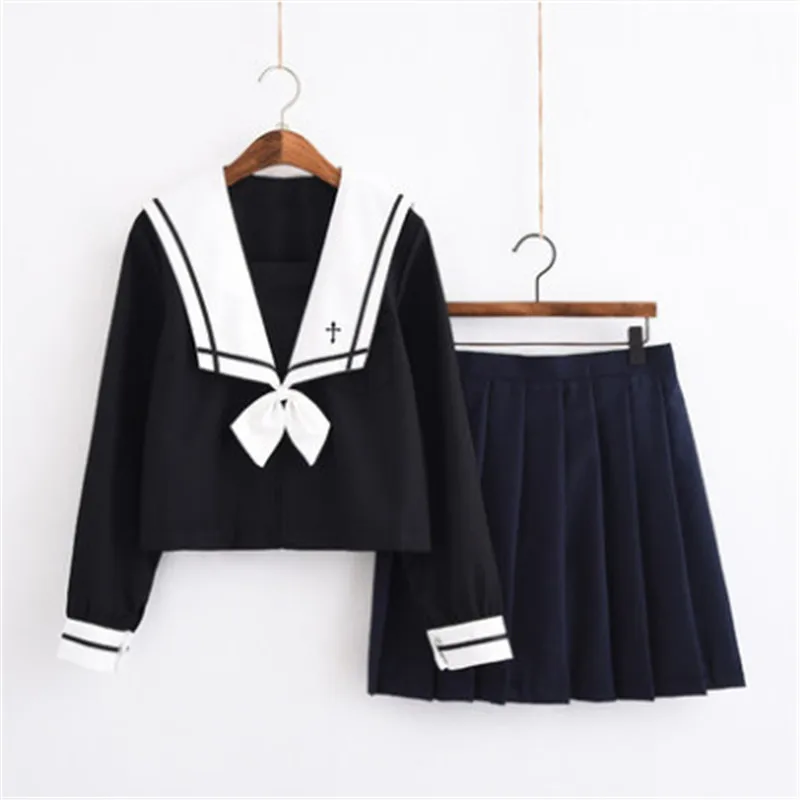 Japanese School Uniform Sailor Shirt Skirt Set Bad Girl Doll Black Solid Color Long Pleated JK Suit High School Student Outfit