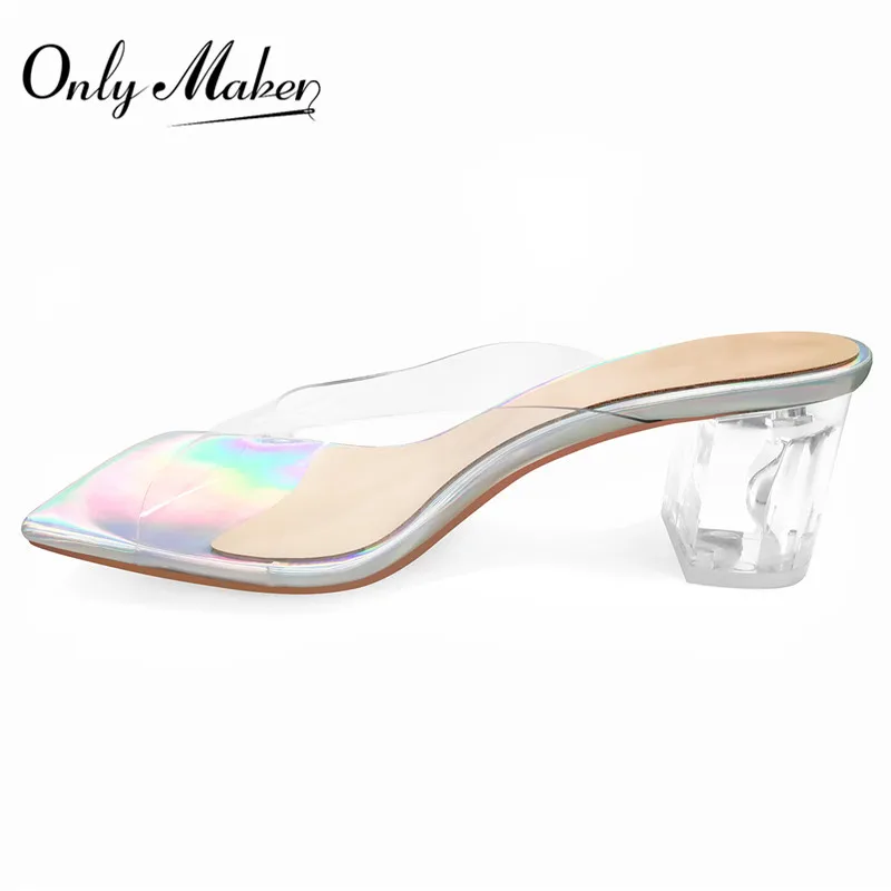 Onlymaker Square Toe Holographic Transparent Chunky Heels Mules PVC Plus Size Slip on Summer Mules Slip Sandals