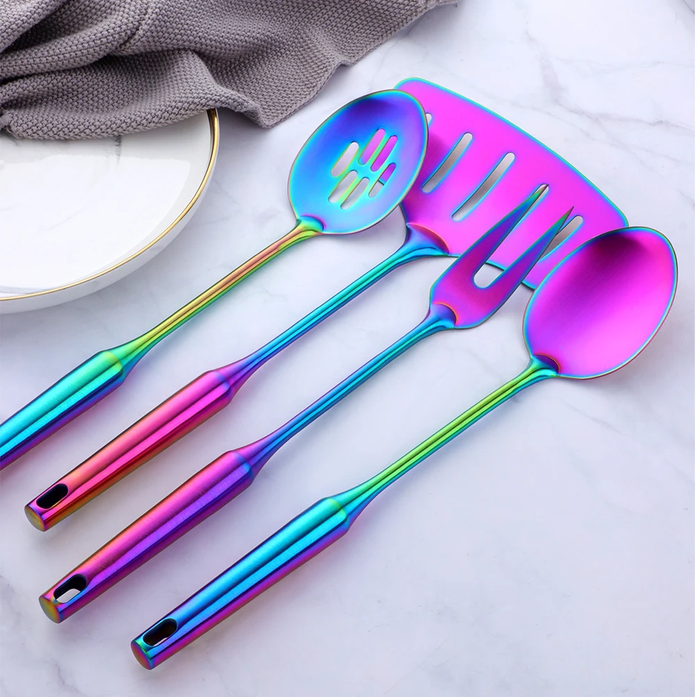 1pc Rainbow Kitchen Tool Stainless Cooking Server Long Handle Kitchenware Matt Spatula Slotted Turner Steel Kitchen Accessories