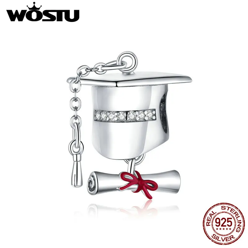 WOSTU Authentic 925 Sterling Silver College Cap Charm Bead Graduation Gift Charms Pendant Fit Original Bracelet Necklace CTC357