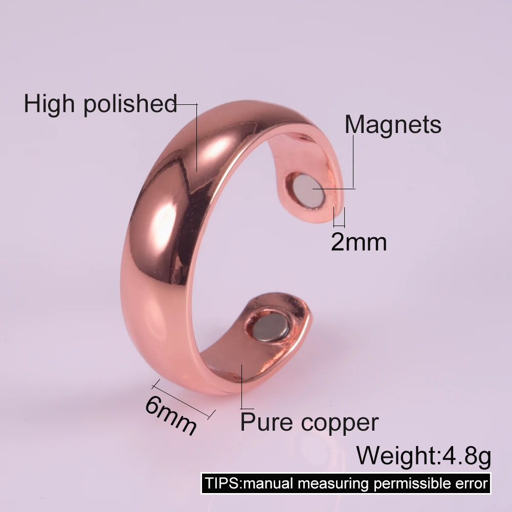 Vinterly Pure Copper Rings Magnetic 6mm Adjustable Open Cuff Finger Finished High Magnet Health Energy Mens Minimalist Jewelry