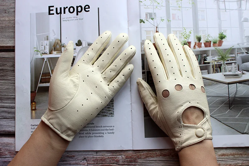 Women's Summer Full Finger Leather Gloves Breathable Single-Layer Sheepskin Fashionable Short Motorcycle Riding Gloves