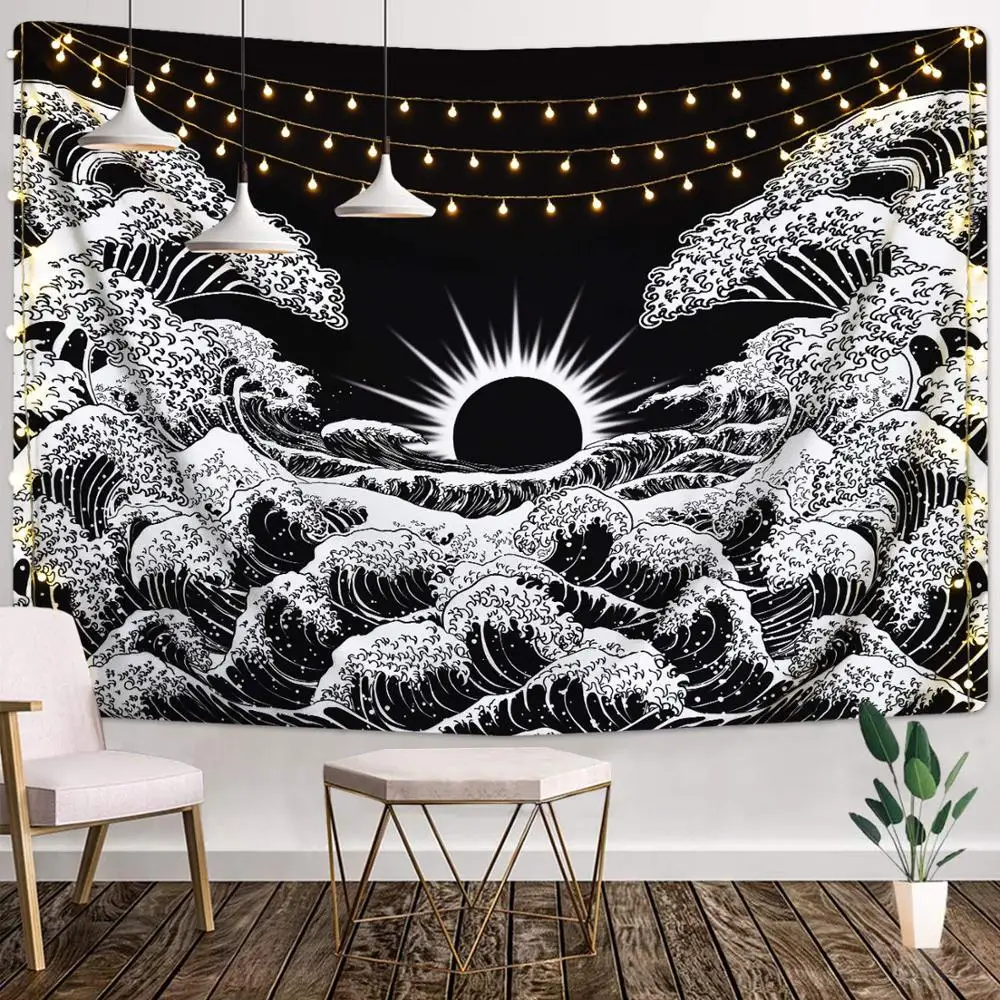 

black landscape Wall hanging Tapestry aesthetic moon Mountain Wave Sunset Psychedelic tapiz Mandala carpet dorm headboard decor