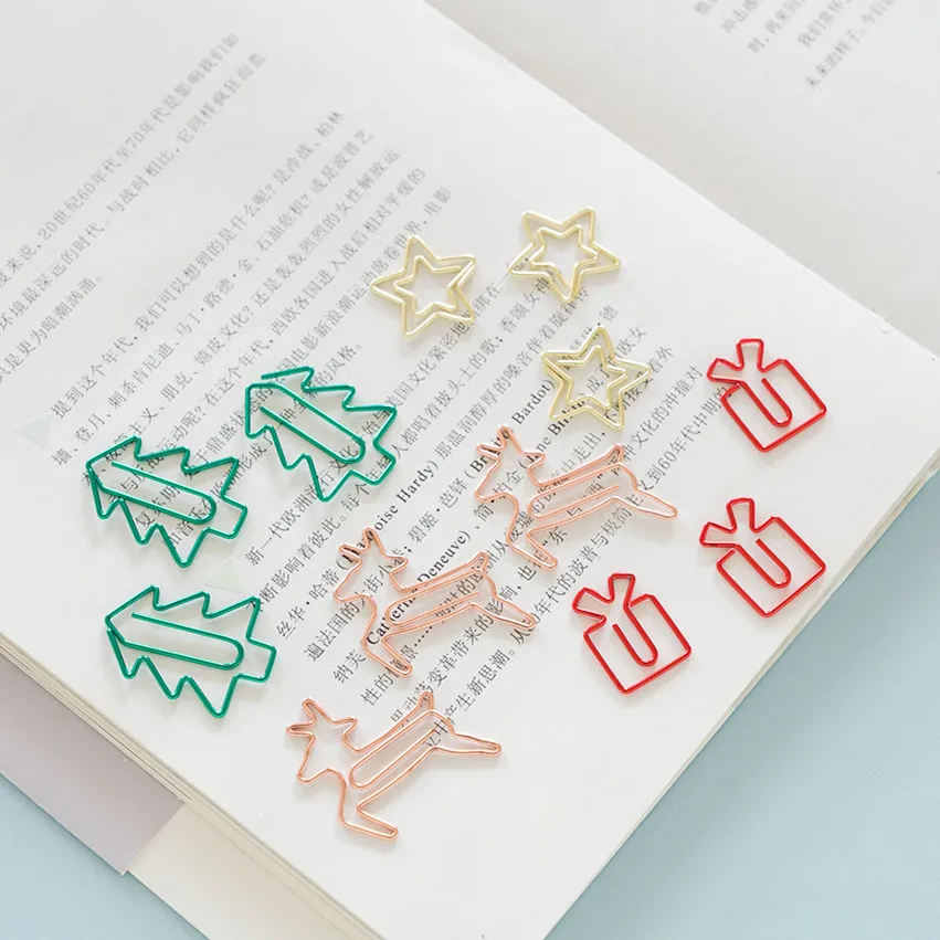 

SKYSONIC 24pcs/lot Kawaii Christmas Tree Star Deer Paper Clip Metal Bookmark Decorative File Clips Gift Box School Stationery